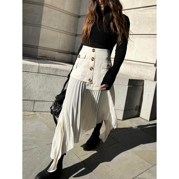 Commense Patchwork Asymmetrical Pleated Buttoned Midi Skirt Off White Small - Picture 1 of 6